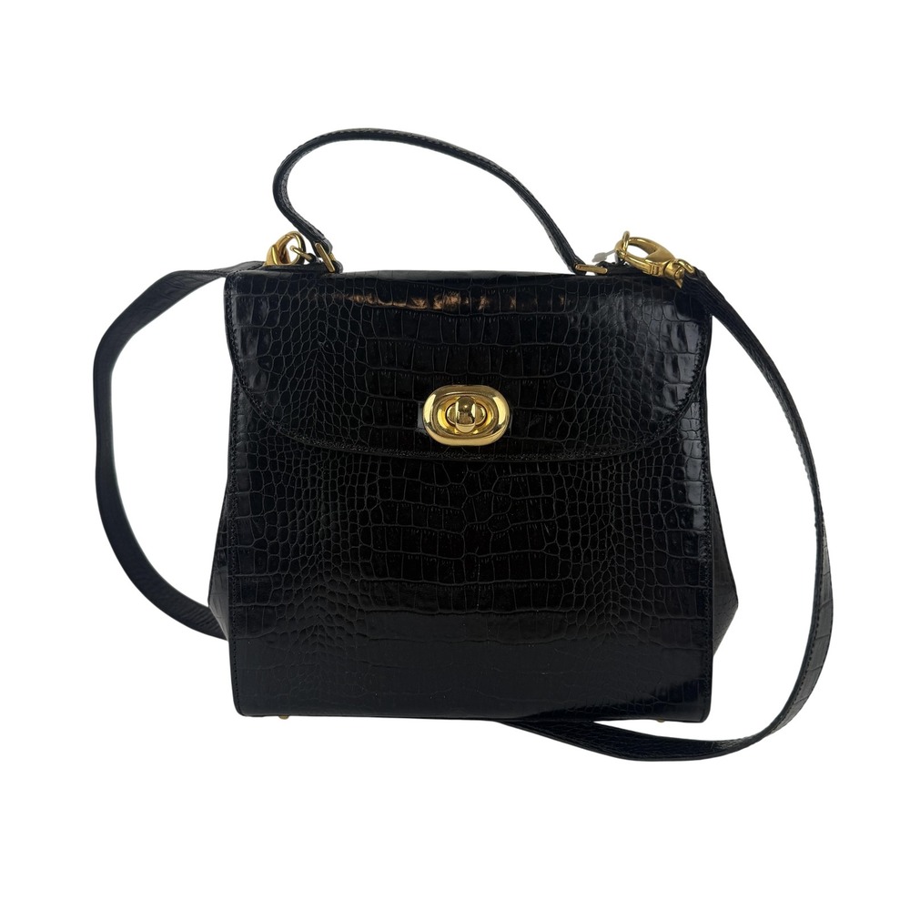 Bruno Magli Handbag Womens Black Croc Embossed Leather Top Handle Made Italy VTG